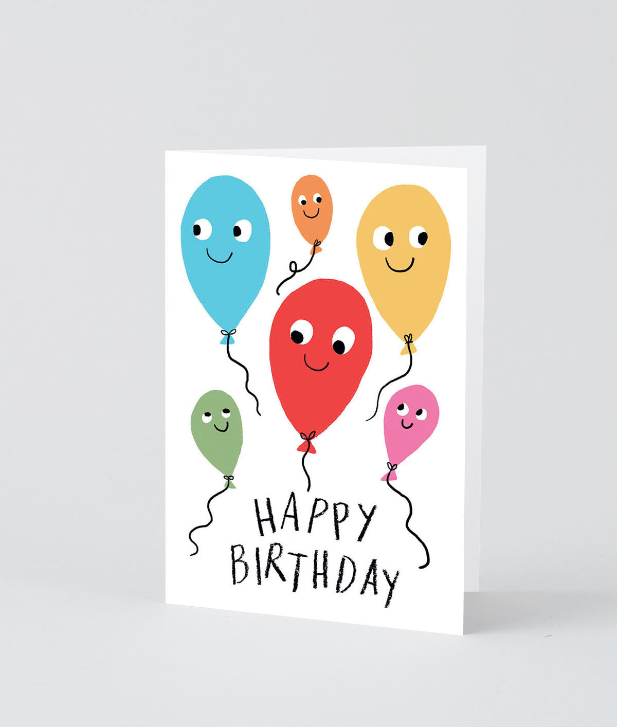 different colour smiling balloons say happy birthday on this fun birthday card