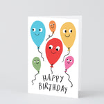 different colour smiling balloons say happy birthday on this fun birthday card