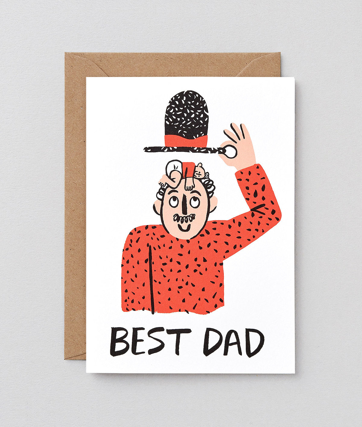 A card which says Best Dad and shows a baby on top of a man's head asleep under his hat