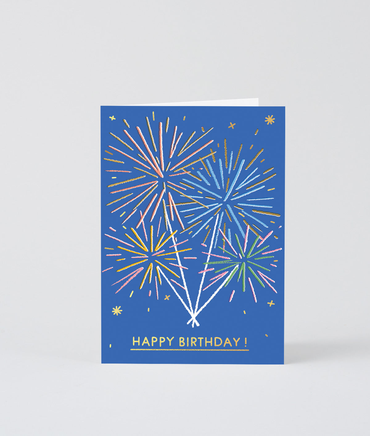 blue birthday card with sparkly fireworks and a gold happy birthday at the bottom