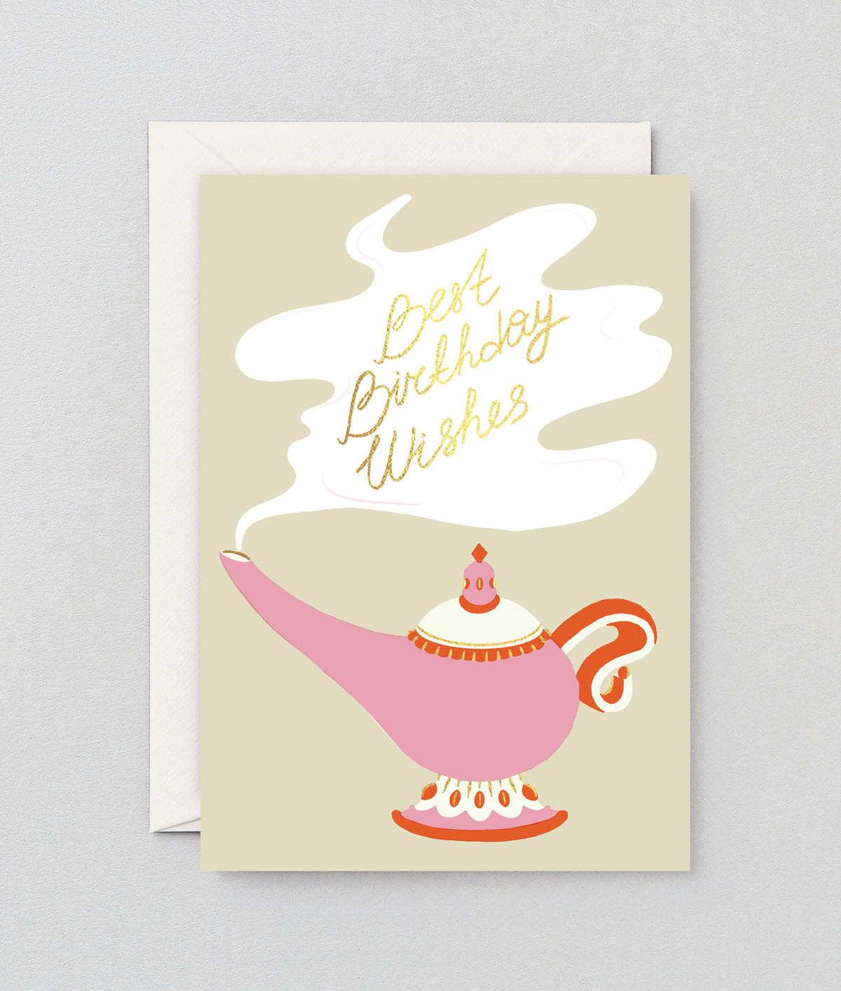 a pink genies lamp with a cloud of smoke coming out it, in which it says best birthday wishes in gold