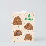 4th kids birthday card with 4 dogs and multi coloured dots
