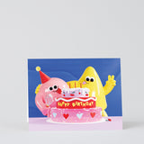 two blob like figures celebrate a birthday with a big cake on a fun birthday card