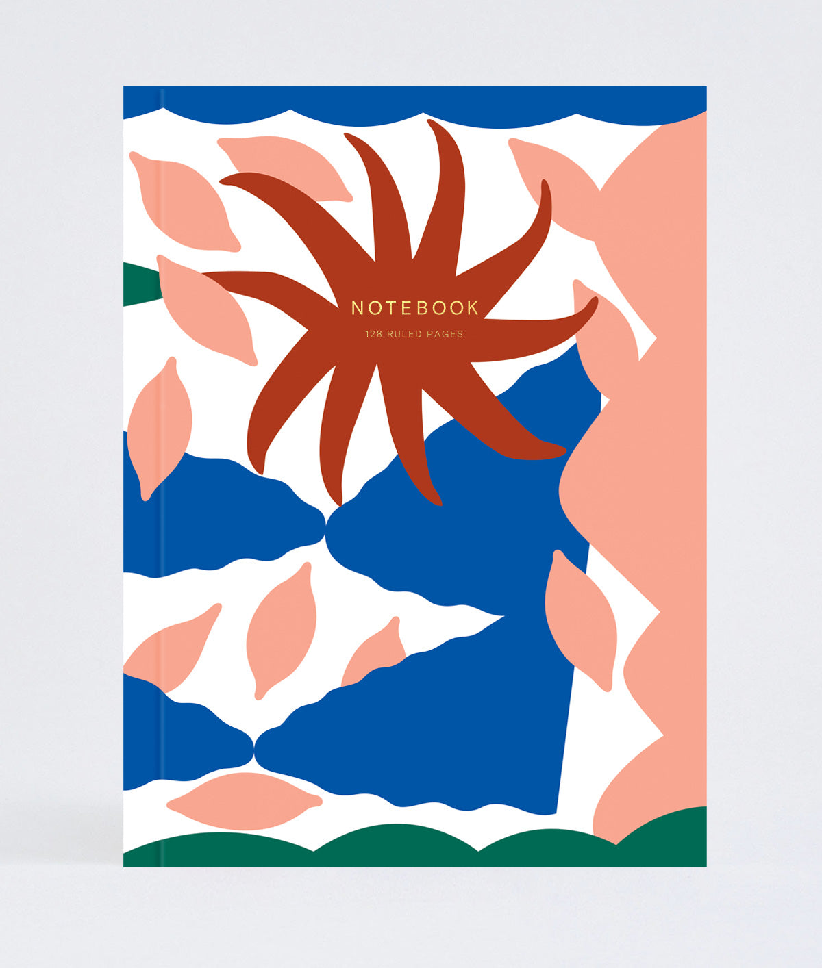 abstract design notebook in white, peach, blue and green, with gold foil lettering