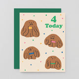 4th kids birthday card with 4 dogs and multi coloured dots